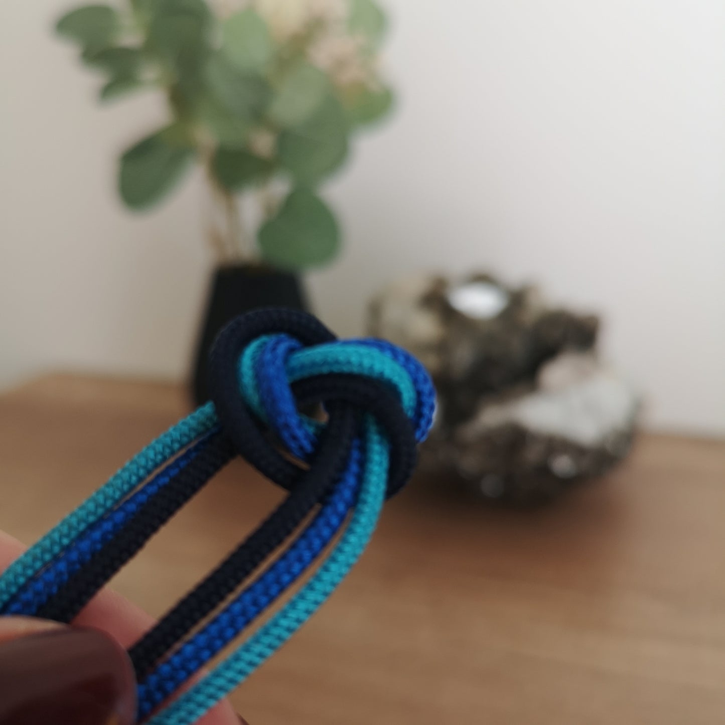Blue and black braided cord held in hand with a blurred indoor background