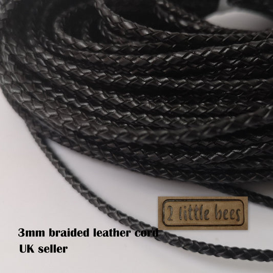 3mm braided leather cord. Black craft