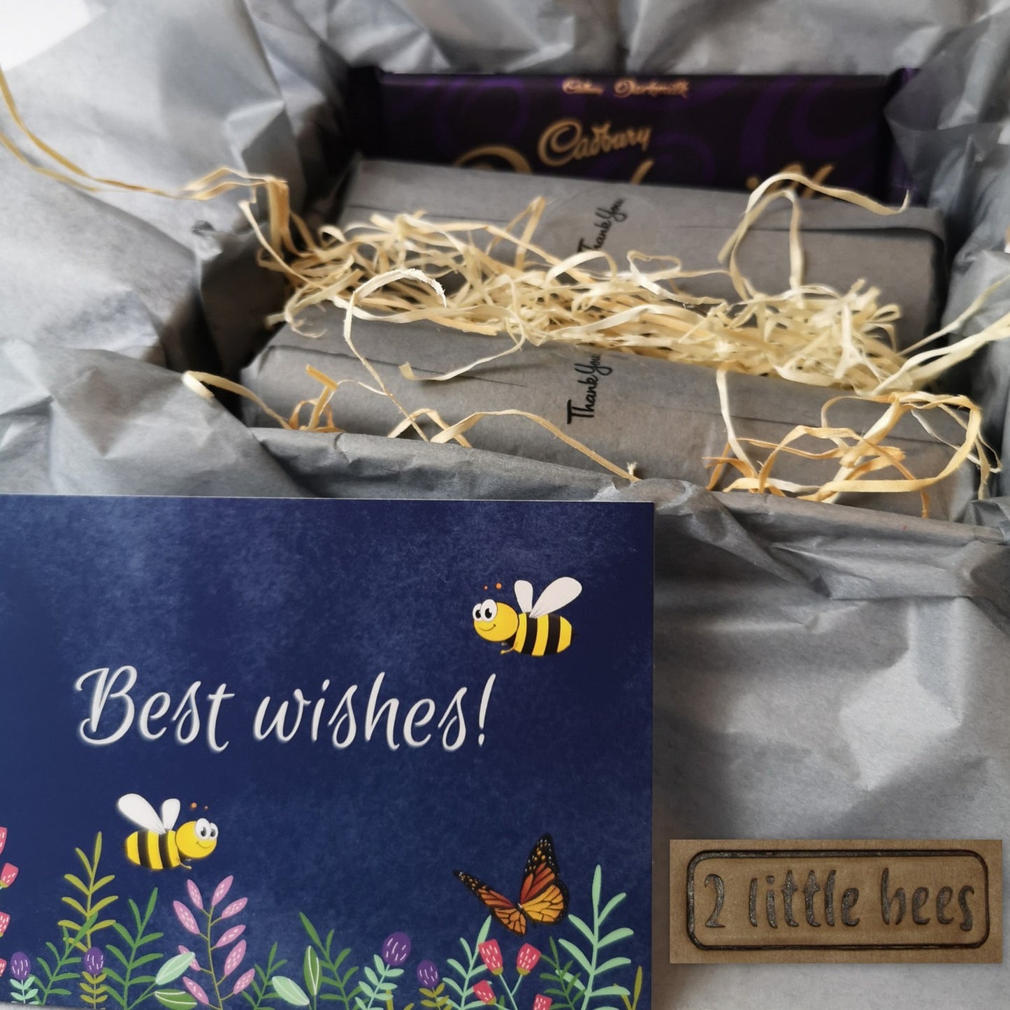 Gift set. 2 x Beeswax candles. Stone holders. Chocolate. Gift box. - 2 little bees