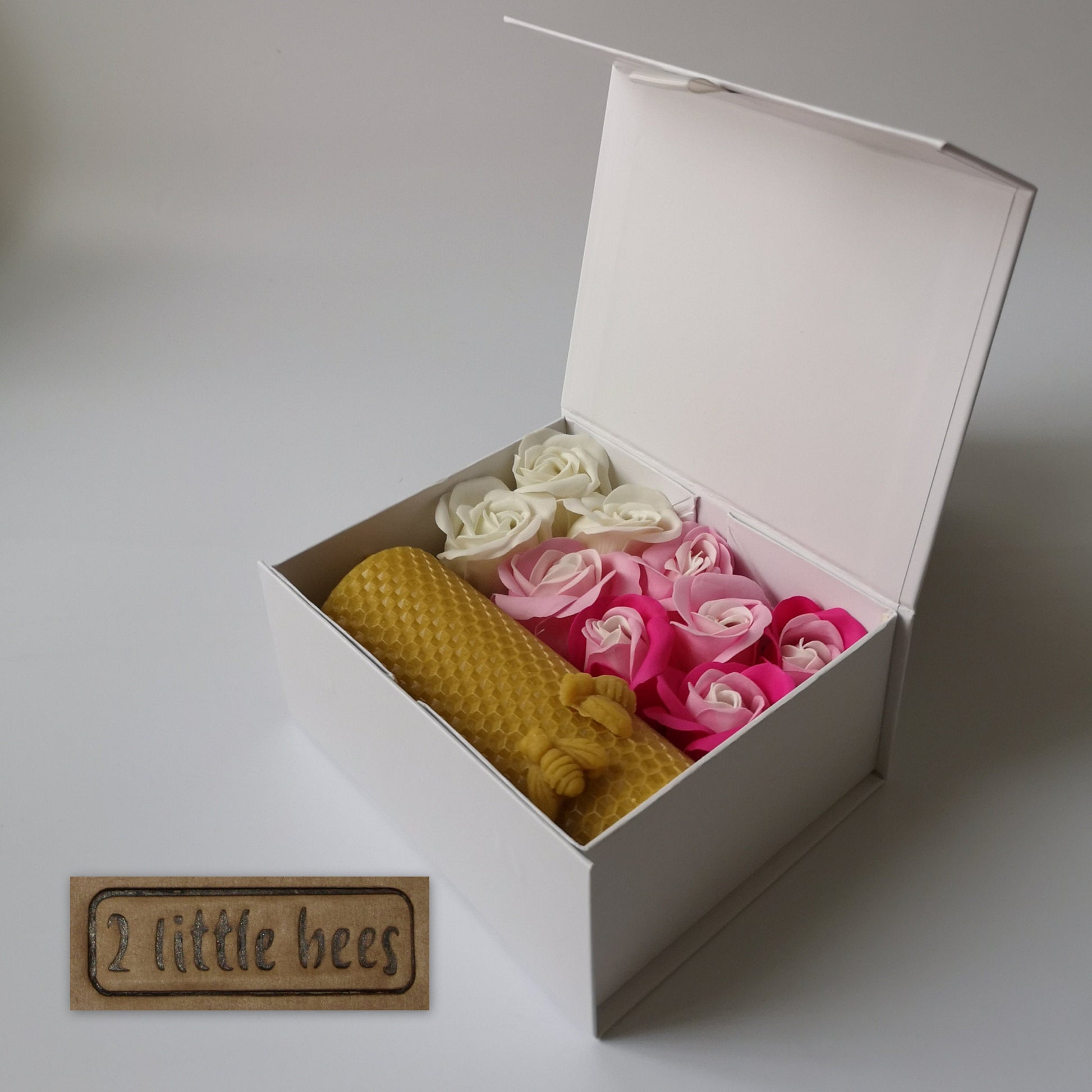 Beeswax candle. Soap flowers. Gift box.